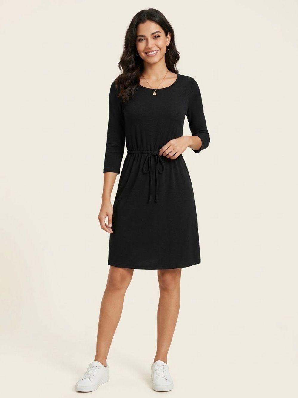 Faded Glory Black 3/4 Sleeve Drawstring Waist Knit T-Shirt Dress